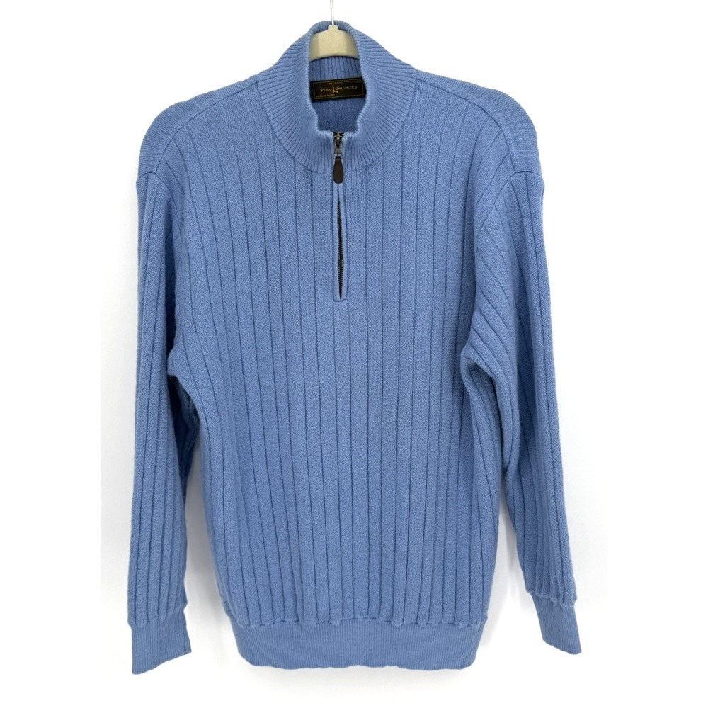 Peru Unlimited Alpaca Wool 1/4 Zip Pullover Sweater Mens L Blue Ribbed Luxury